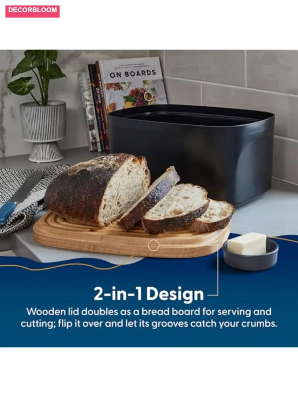 Large Bread Box with Cutting Board Lid, Eco-Friendly Bamboo Fiber, Fits